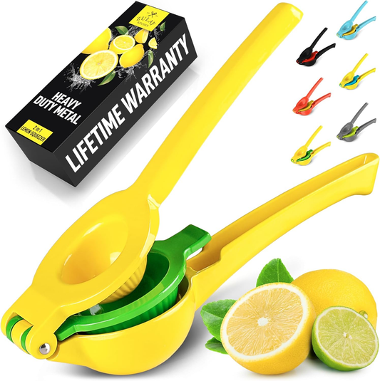 Metal 2-In-1 Lemon Squeezer - Sturdy Max Extraction Hand Juicer Lemon Squeezer Gets Every Last Drop - Easy to Clean Manual Citrus Juicer - Easy-Use Lemon Juicer Squeezer - Yellow/Green